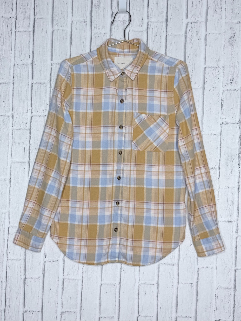 Aéropostale Yellow & Blue Plaid Flannel Button Down Shirt Size S